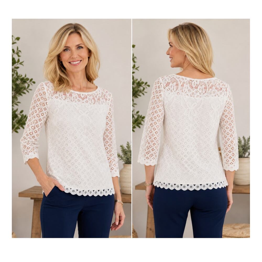 Rafaella Women's Medium White Lace Eyelet Blouse 3/4 Sleeve Scalloped Hem